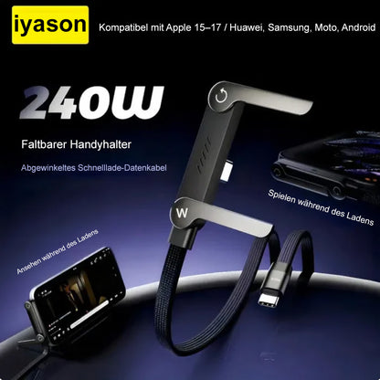 ⚡🔋MFi-zertifiziertes 2-in-1-Schnellladekabel mit integriertem Handy-Ständer – Ultraschnelle 240 W Leistung, offiziell von Apple autorisiert✅