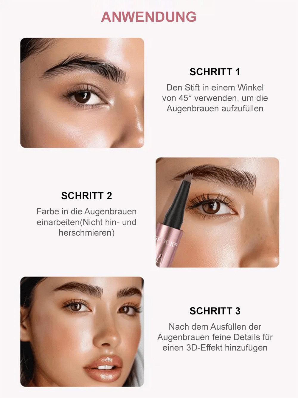 🪄3D Microblading Augenbrauenstift (4 Spitzen) – Wasserfest, Wischfest & Natürlicher Look – 24h Halt